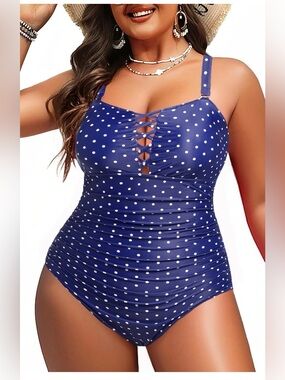 One-Piece Swimsuit Navy & Polka Dots Size 16W